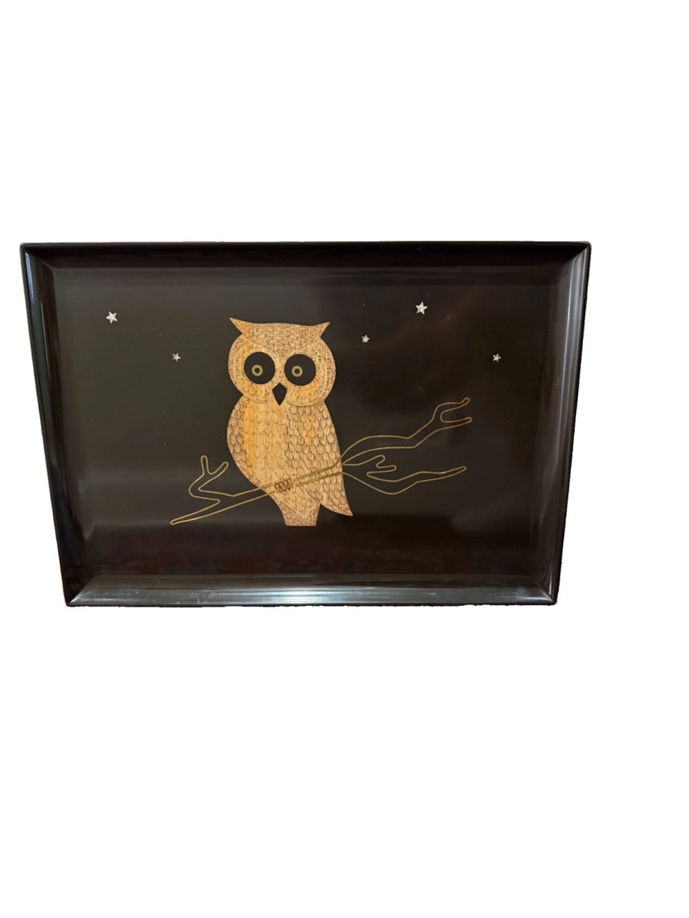Vintage Couroc of Monterey California black resin owl inlay large tray 18”x12”